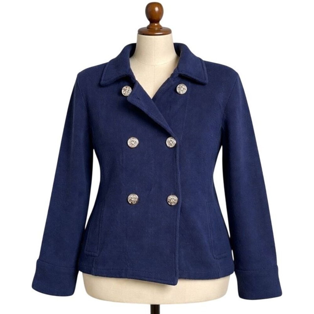 VINTAGE Lauren Ralph Lauren XL Navy Cotton Knit Jacket Nautical Anchor Buttons
